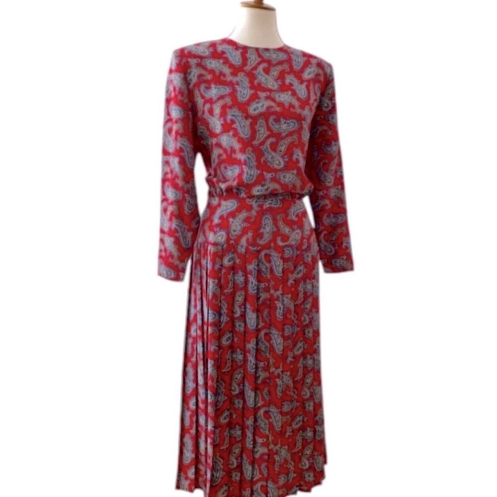 Vintage Medium Midi Dress Pleated Paisley Drop Waist Secretary 80s Y2K Modest